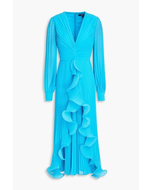 Badgley Mischka Blue Ruffled Pleated Georgette Midi Dress