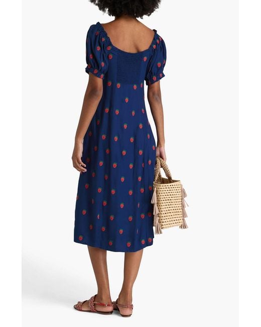 Farm Rio Blue Embroidered Crepe Midi Dress