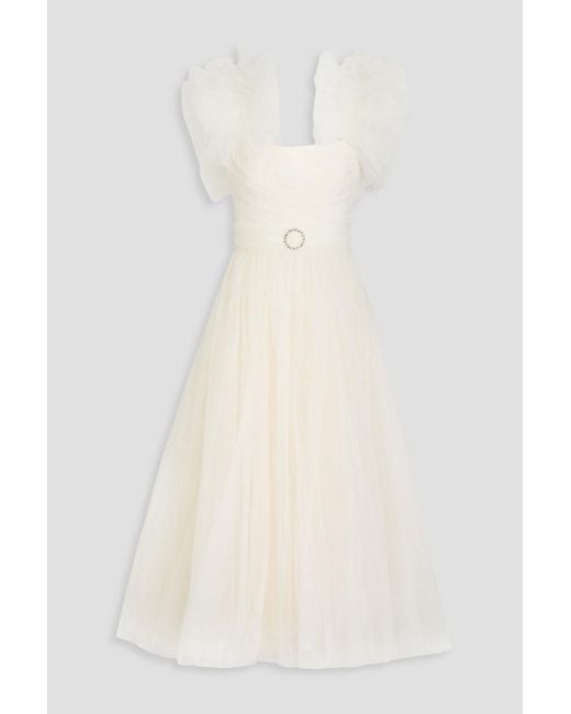 Jenny Packham White Crystal-embellished Ruffled Tulle Midi Dress