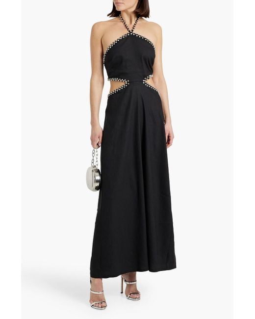 Jonathan Simkhai Black Bellina neckholder-maxikleid aus einer leinenmischung mit cut-outs und verzierung