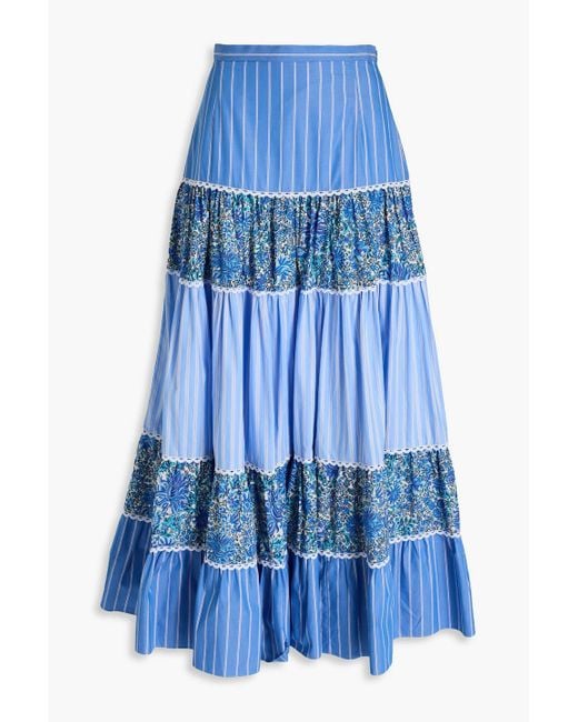 Sandro Blue Tiered Printed Cotton-poplin Maxi Skirt