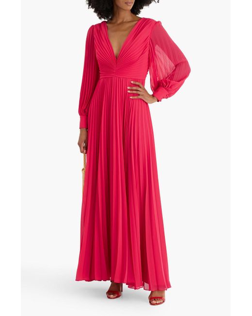 Badgley Mischka Red Plissé-chiffon Gown