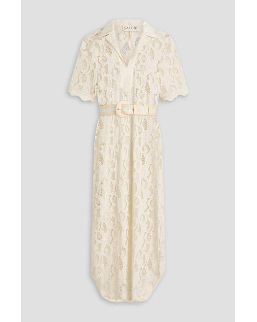 Saloni Natural Suni Belted Broderie Anglaise Cotton Midi Shirt Dress