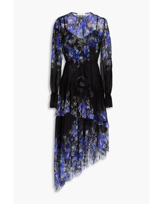Zimmermann Blue Tiered Floral-print Silk-crepon Midi Dress