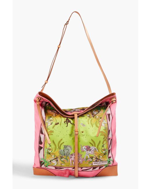 Emilio Pucci Green Leather-trimmed Printed Satin-twill Shoulder Bag