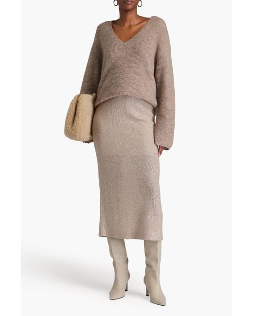 Brunello Cucinelli Natural Sequined Linen, Cashmere And Silk-Blend Midi Dress