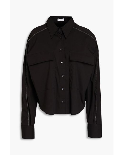 Brunello Cucinelli Black Bead-embellished Cotton-blend Poplin Shirt