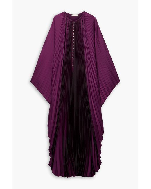 SemSem Purple Crystal-embellished Plissé-satin Maxi Dress