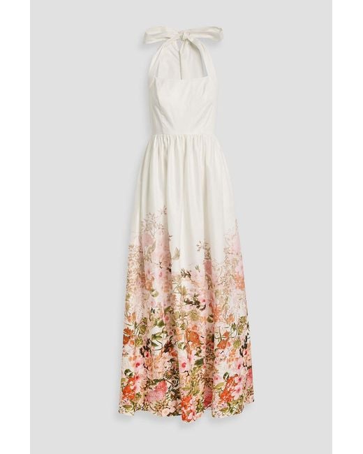Mikael Aghal White Floral-print Cotton-blend Poplin Halterneck Maxi Dress