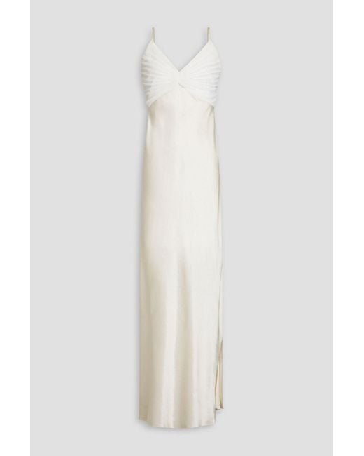 FRAME White Pleated Georgette-paneled Satin Maxi Dress