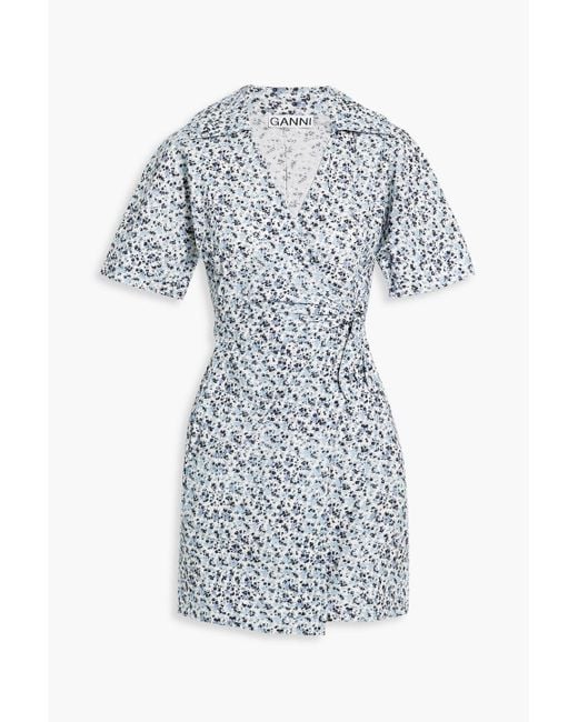 Ganni White Printed Cotton-Poplin Mini Wrap Dress