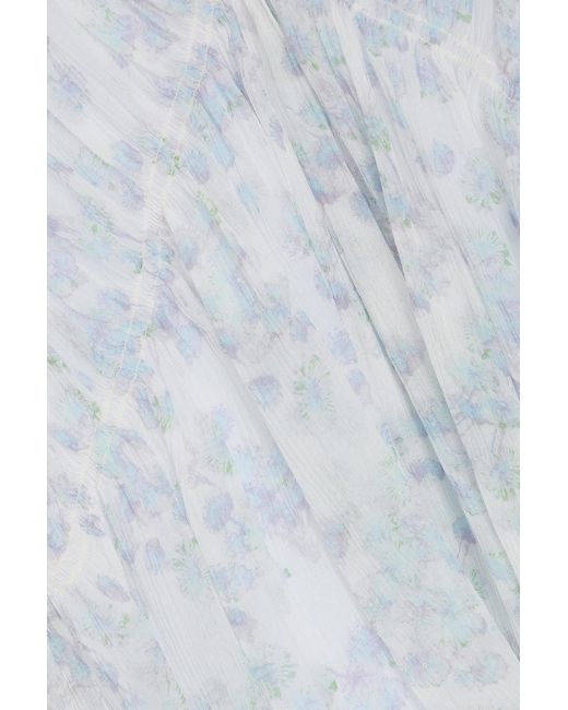 Theory White Shirred Floral-print Silk-crepon Top