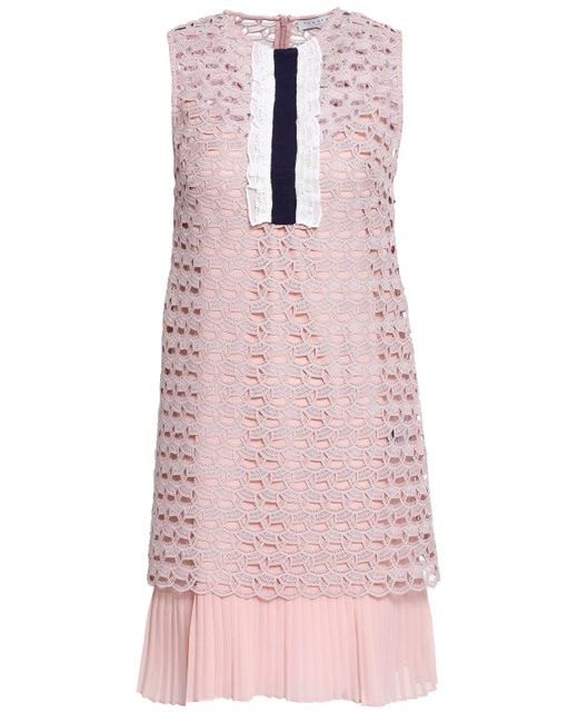 Sandro Pink Lace-trimmed Pleated Crochet-knit Mini Dress Blush
