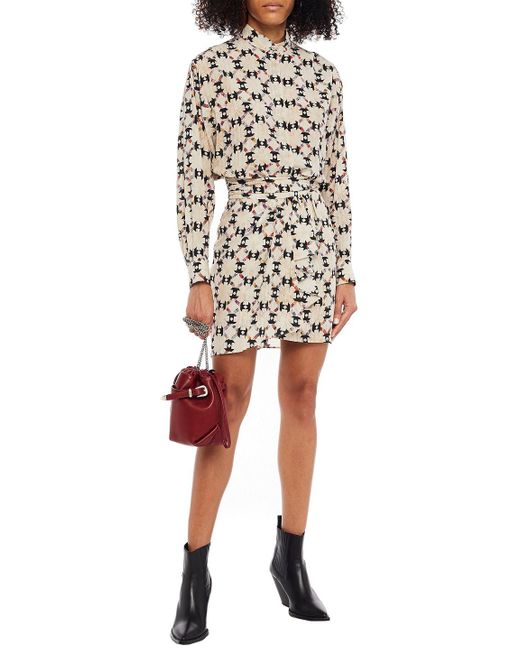 Isabel Marant White Wrap-Effect Draped Printed Silk-Blend Crepe De Chine Mini Skirt