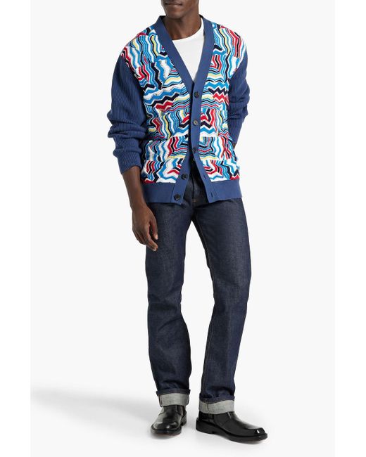 Missoni Blue Ribbed And Crochet-knit Cotton-blend Cardigan for men