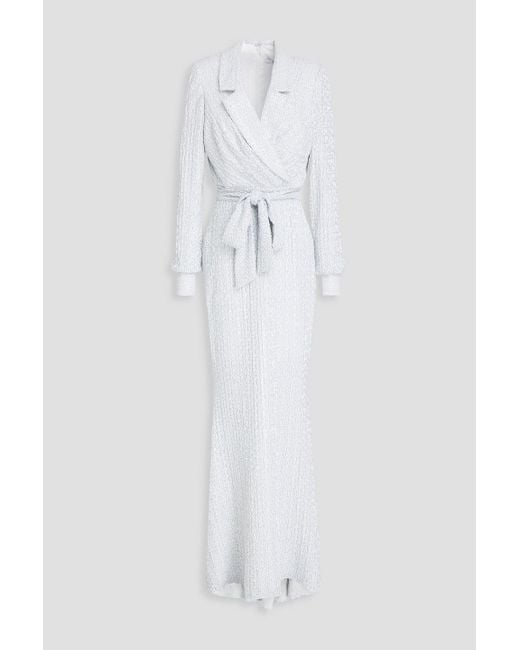 Badgley Mischka White Wrap-effect Embellished Lamé Gown