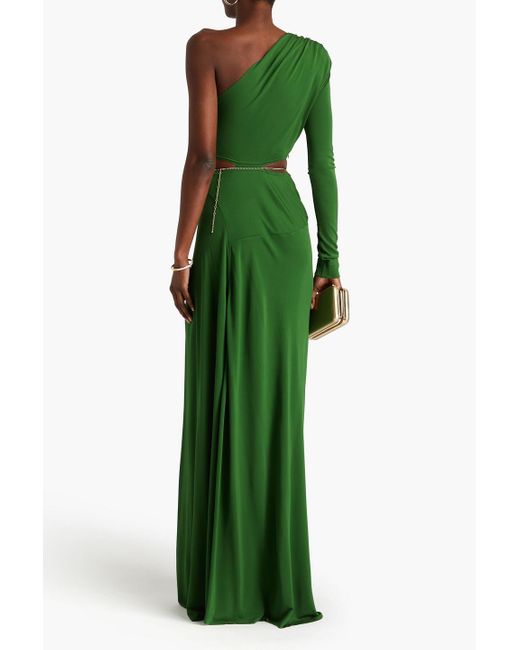 Victoria Beckham Green One-sleeve Belted Cutout Jersey Gown