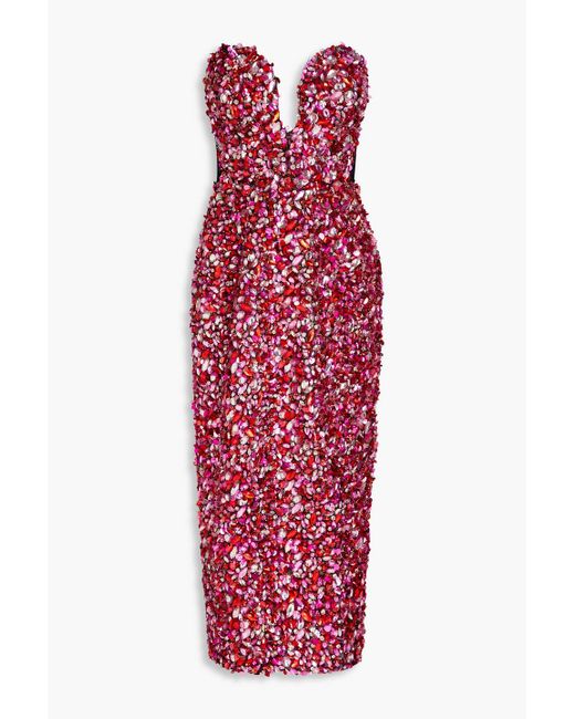 Carolina Herrera Red Strapless Embellished Taffeta Midi Dress