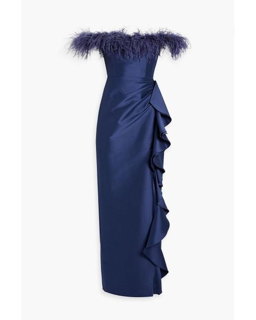 Badgley Mischka Blue Off-the-shoulder Feather-trimmed Ruffled Faille Gown