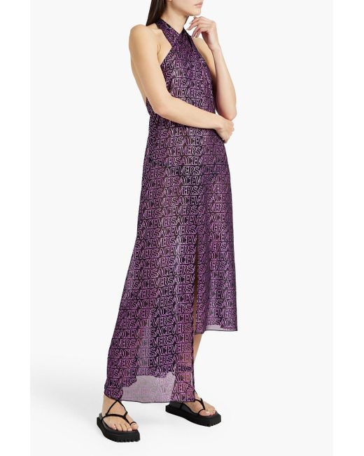 Versace Purple Metallic Logo-print Crepe Halterneck Dress