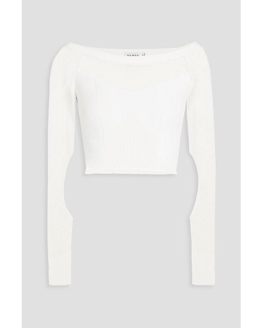 Hervé Léger White Cropped Cutout Pointelle-knit Top