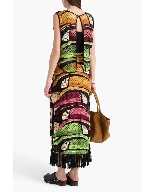 Farm Rio Green Fringed Crochet-knit Maxi Skirt
