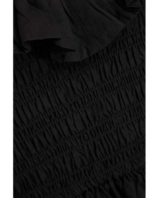 Ganni Black Ruffled Shirred Cotton-poplin Mini Dress