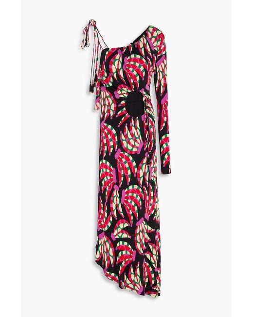 Farm Rio Red One-Sleeve Cutout Printed Jersey Midi Dress