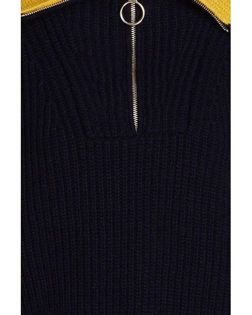Sandro Blue Tanger Two-tone Ribbed Wool-blend Half-zip Sweater