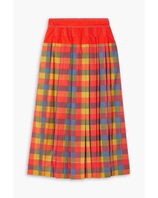 Tory Burch Red Veronica Pleated Checked Cotton-poplin Maxi Skirt