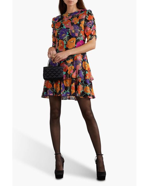 Rixo Black Dion Glittered Floral-print Georgette Mini Dress