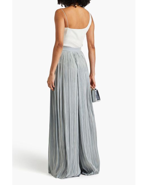 Costarellos Gray Pleated Metallic Georgette Wide-leg Pants