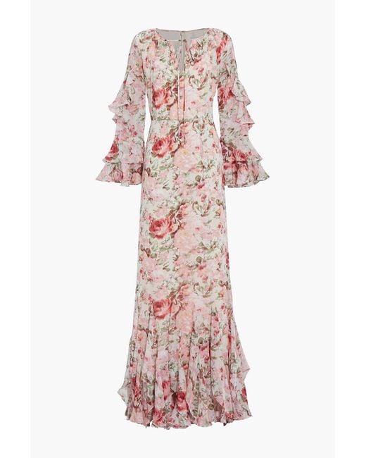 Mikael Aghal Pink Tie-neck Ruffled Floral-print Georgette Maxi Dress