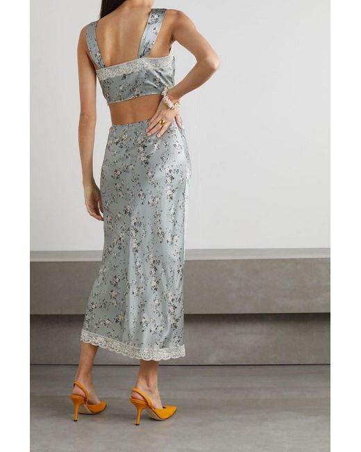 Reformation Gray Beatrice Lace-trimmed Floral-print Silk-charmeuse Top And Midi Skirt Set