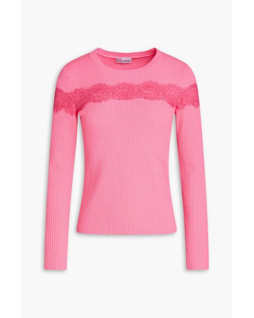 RED Valentino Pink Lace-trimmed Ribbed Wool Sweater