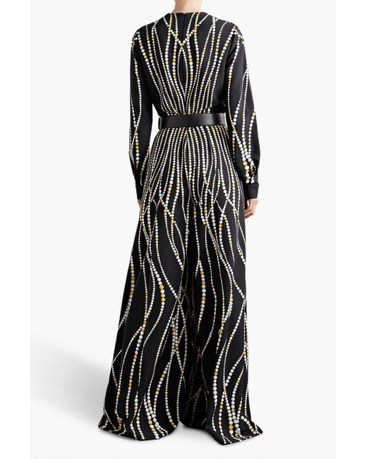 Elie Saab Black Belted Printed Cady Wide-leg Jumpsuit