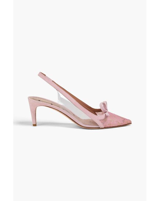 Red(v) Pink Sandie Bow-detailed Lace, Suede And Pvc Slingback Pumps