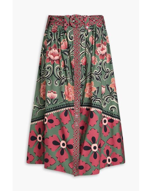 Farm Rio Red Belted Floral-print Cotton-poplin Midi Skirt