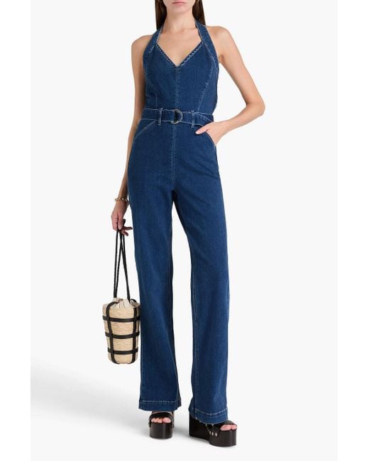 PAIGE Blue Leenah Belted Denim Halterneck Jumpsuit