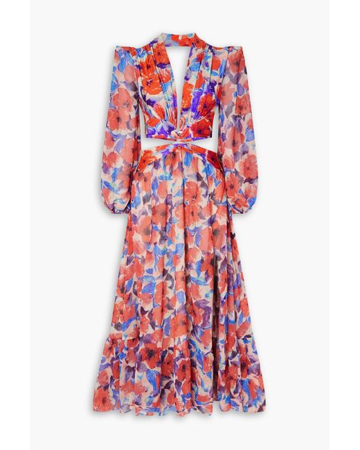 PATBO Red Violet Cutout Floral-print Stretch-jersey And Chiffon Dress