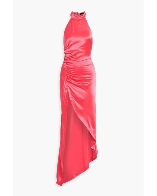 retroféte Pink Sabrina Asymmetric Ruched Satin Halterneck Maxi Dress