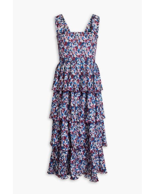 Ganni Purple Tiered Printed Plissé-Georgette Midi Dress