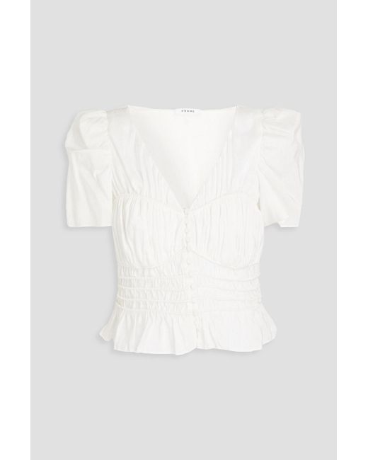 FRAME White Shirred Ramie And Silk-blend Top