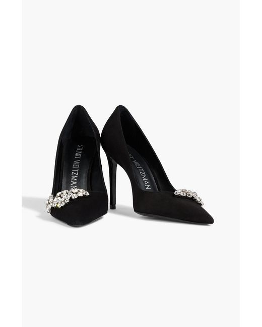 Stuart Weitzman Black Fleur 100 Crystal-Embellished Suede Pumps