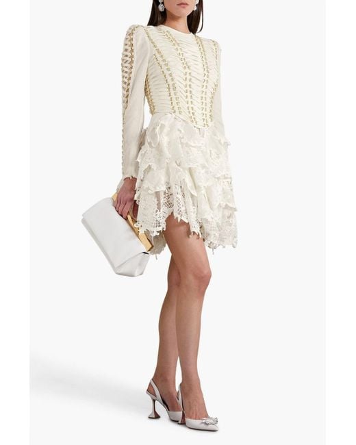 Zimmermann Natural Ruffled Lace-paneled Embellished Linen And Silk-blend Mini Dress