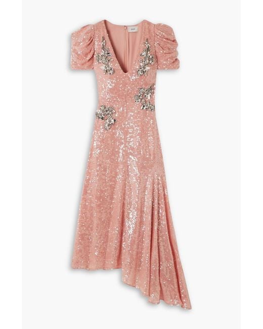 Erdem Pink Asymmetric Appliquéd Sequinned Satin Midi Dress