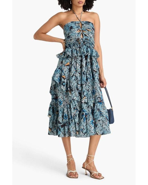 Ulla Johnson Blue Ruffled Cutout Printed Cotton-Blend Halterneck Midi Dress