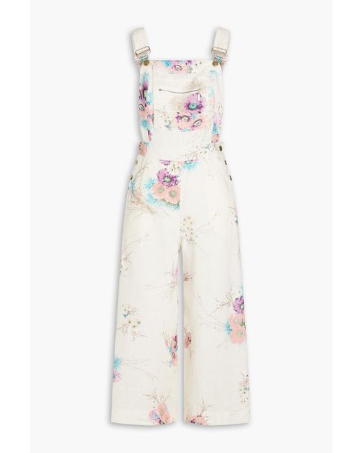 Zimmermann White Cropped Floral-print Linen Overalls