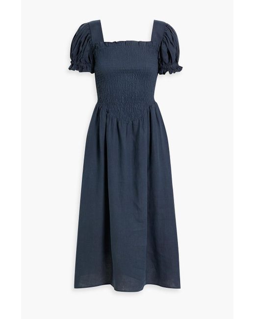 Sleeper Blue Belle Shirred Linen Midi Dress