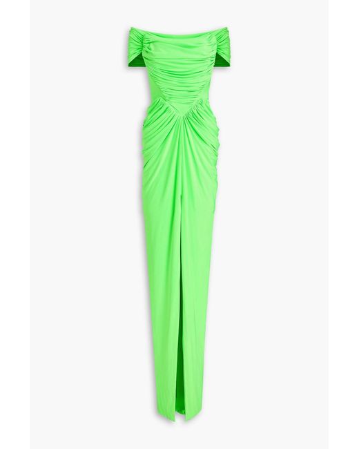 Rhea Costa Green Lorene Off-the-shoulder Draped Satin-jersey Gown
